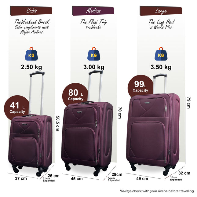 Soft Shell Lightweight Nylon Suitcase Set 4 Wheel Travel Case Holiday Bags