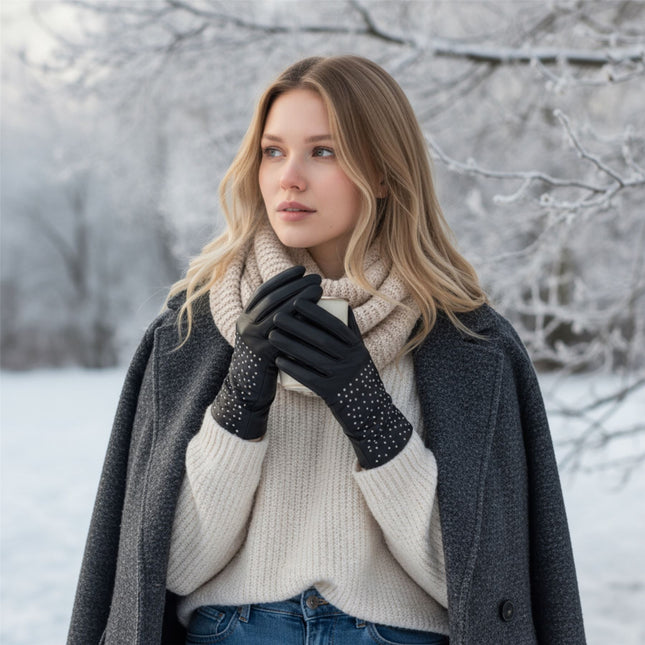 Womens Black Italian Leather Winter Studded Design Soft Wool Lining Gloves - L-GLV-601