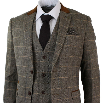 Mens 3 Piece Tan Tweed Check Suit