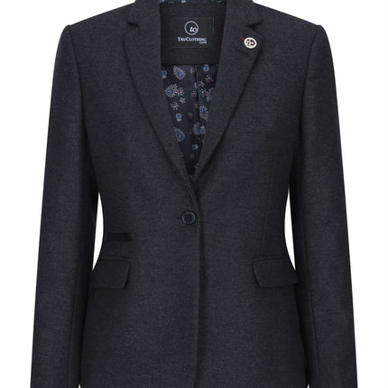 Womens Black Herringbone Check Tweed Wool Blend Blazer