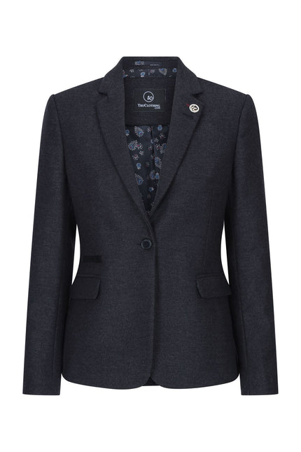 Womens Black Herringbone Check Tweed Wool Blend Blazer