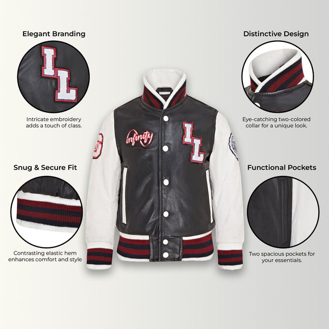Kids Black Letterman Leather Varsity College Bomber Jacket