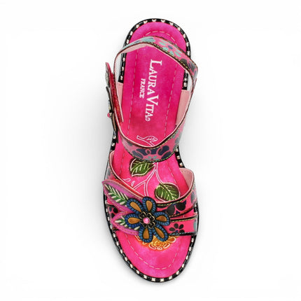 Laura Vita Women's Ballon 08 Fuschia Pink Floral Leather Wedge Espadrille Sandals