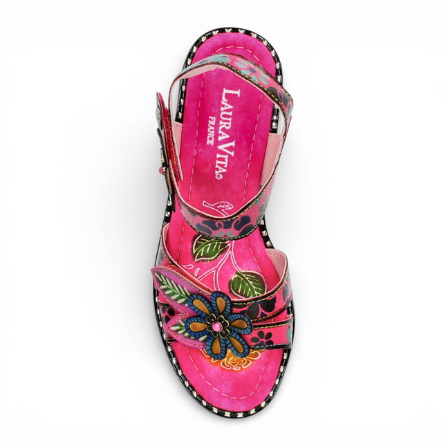 Laura Vita Women's Ballon 08 Fuschia Pink Floral Leather Wedge Espadrille Sandals