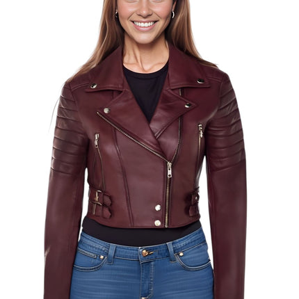 Womens Cropped Brando Leather Biker Jacket-Damascus