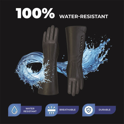 Womens Long Black Italian Leather Winter Button Design Soft Wool Lining Gloves - L-GLV-201