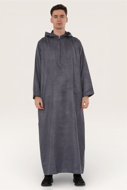 Men's Hooded Eid Grey Moroccan Jubba Robe Ramadan Eid Thobe - HM12