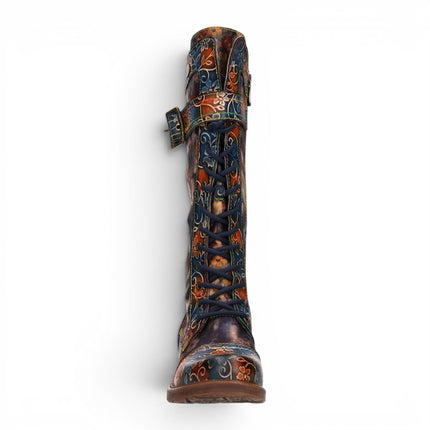 Laura Vita Women's Blue Floral Victorian Leather High Combat Long Boots - Anitao-21