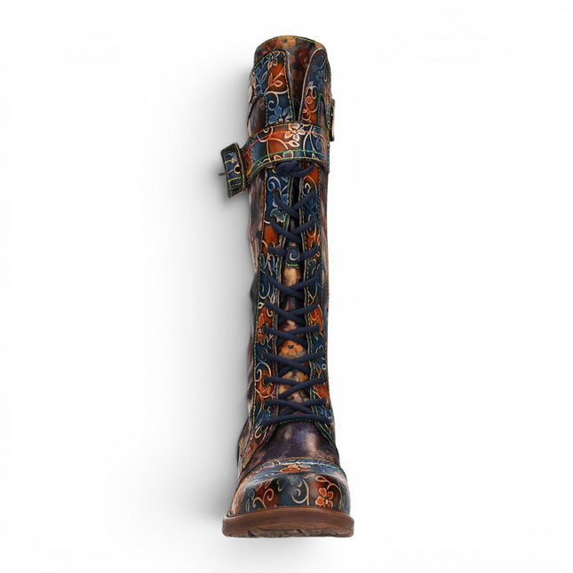 Laura Vita Women's Blue Floral Victorian Leather High Combat Long Boots - Anitao-21