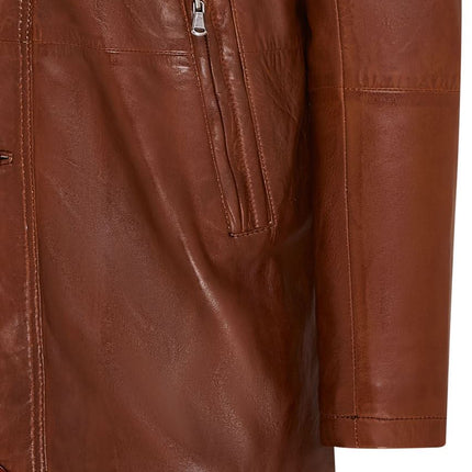 Mens Leather Jacket Classic Trench Coat with Removable Collar Mid Length Warm Overcoat