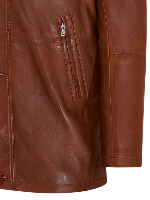 Mens Leather Jacket Classic Trench Coat with Removable Collar Mid Length Warm Overcoat