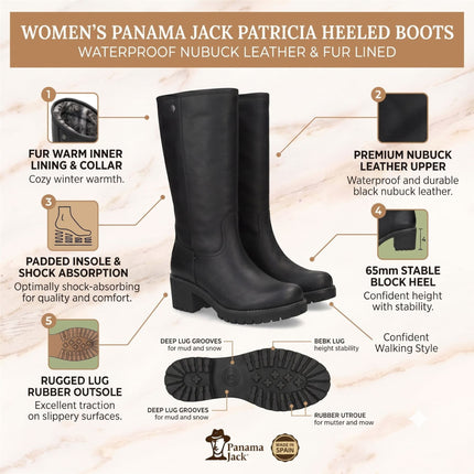 Panama Jack Women's Black Leather Waterproof Heeled High Winter Boots - Patricia B17