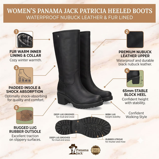 Panama Jack Women's Black Leather Waterproof Heeled High Winter Boots - Patricia B17
