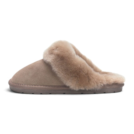 Women's Genuine Sheepskin Taupe Suede Mule Winter Slippers - Luna