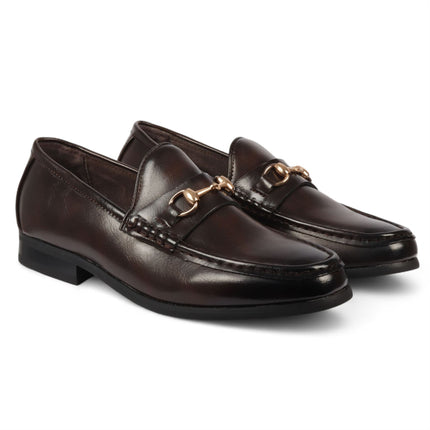 Men's Brown Loafers with Gold Buckle Smart Slip-On Shoes