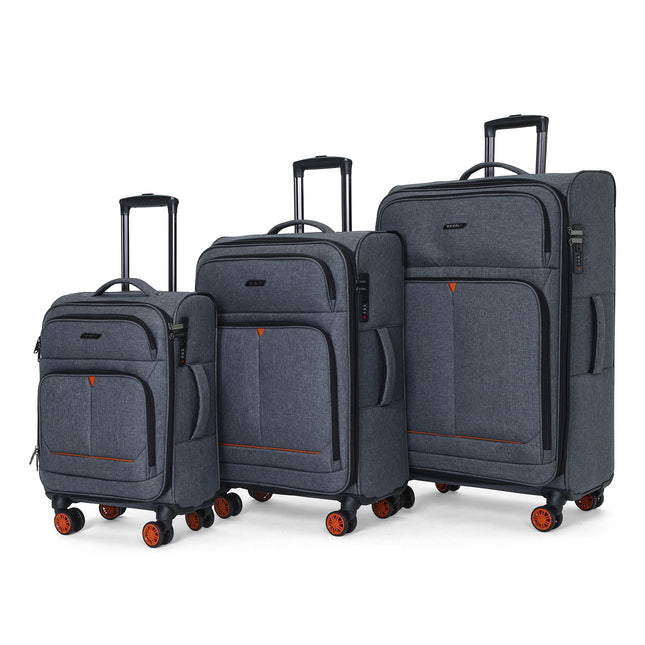 Soft Shell Black Linen Suitcase Set 8 Wheel Lightweight Travel Luggage