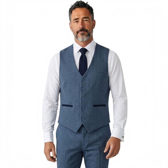 Men's Blue 3 Piece Tweed Herringbone Formal Suit -  IM4