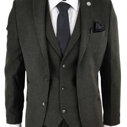 Mens 3 Piece Olive Green Wool Tweed Vintage Retro Suit
