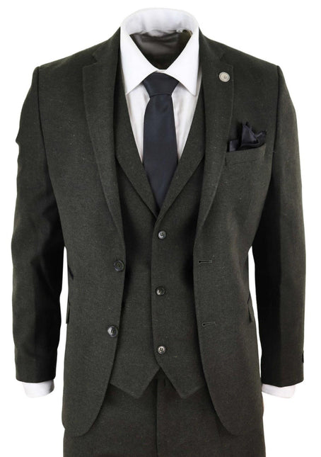 Mens 3 Piece Olive Green Wool Tweed Vintage Retro Suit