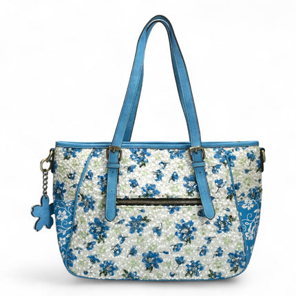 Laura Vita Aloe-02 Womens Blue Floral Print Adjustable Straps Shoulder Tote Bag