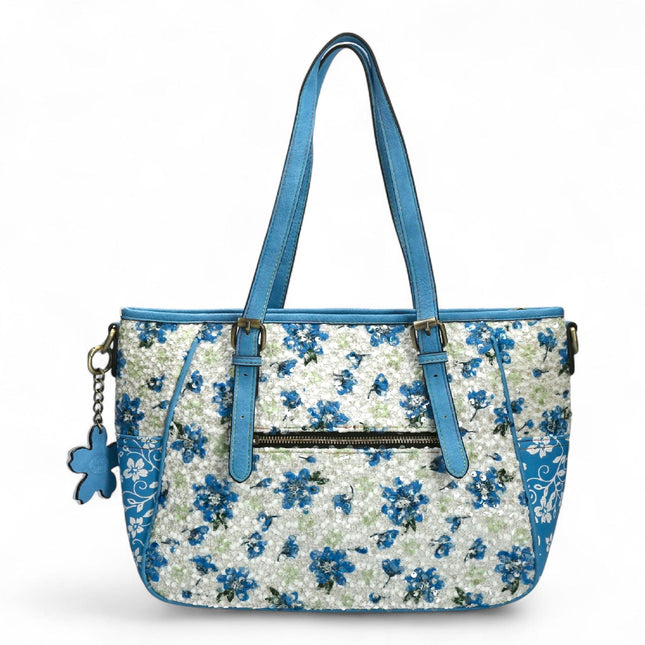 Laura Vita Aloe-02 Womens Blue Floral Print Adjustable Straps Shoulder Tote Bag