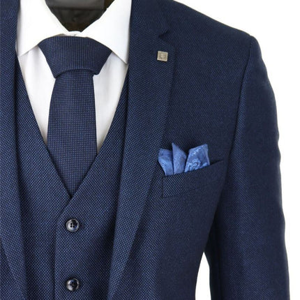 Mens 3 Piece Navy Blue Birdseye Tweed Classic Suit