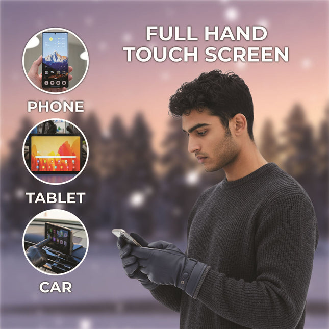 Men’s Navy Blue Italian Leather Warm Wool Lining Winter Knit Rib Gloves - M-LGV-105