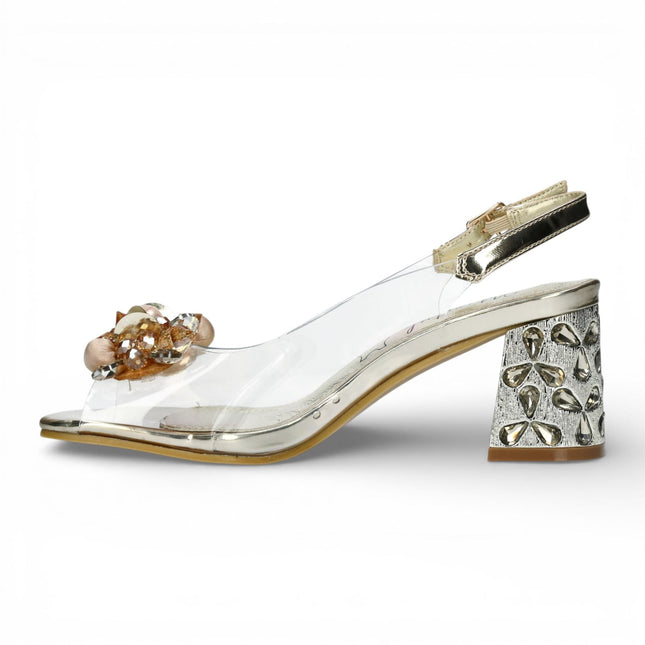 Laura Vita Women’s Marlene-12 Clear Golden Slip-On Cinderella Tapered Pump Heel Ankle Strap Sandals