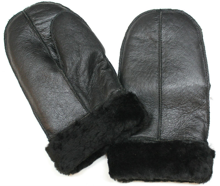 Unisex Black Real Sheepskin Leather Shearling Gloves Warm Mittens