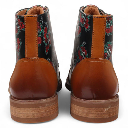 Justin Reess Men's Brown Floral Skull Print Leather Oxford Ankle Boots - Adam Skull