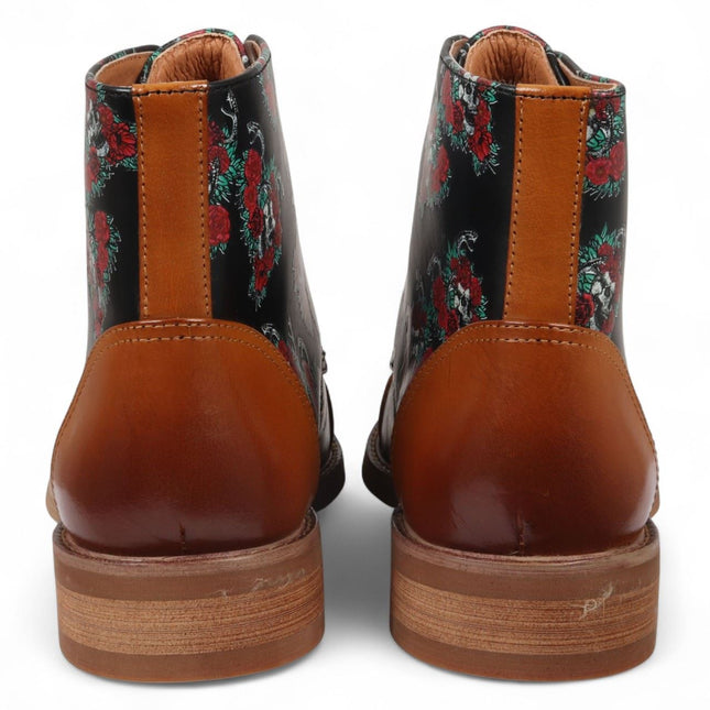 Justin Reess Men's Brown Floral Skull Print Leather Oxford Ankle Boots - Adam Skull