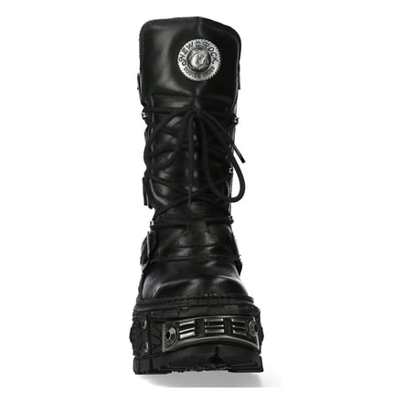 New Rock Black Mid Calf Leather Goth Boots-WALL1473-S11