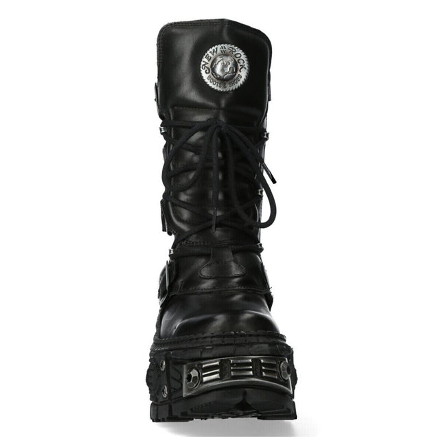 New Rock Black Mid Calf Leather Goth Boots-WALL1473-S11