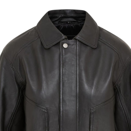 Womens Black Leather Biker Bomber Oversized Jacket - Blouson
