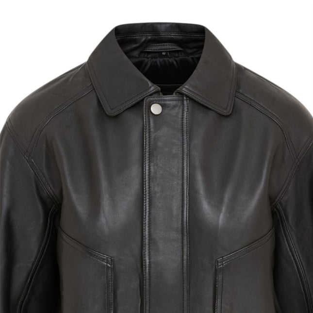 Womens Black Leather Biker Bomber Oversized Jacket - Blouson