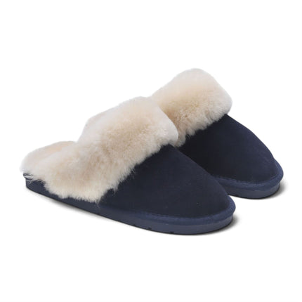 Women's Genuine Sheepskin Navy Blue Suede Mule Winter Slippers - Luna