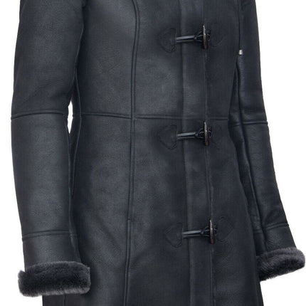 Womens Black Sheepskin Hooded Duffle Coat-Ottawa