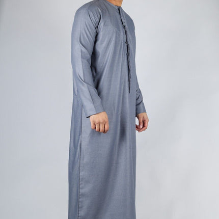 Men's Grey Thobe Emirati Islamic Jubba Robe Eid Tassel Slim Fit