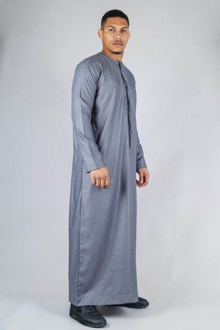 Men's Grey Thobe Emirati Islamic Jubba Robe Eid Tassel Slim Fit