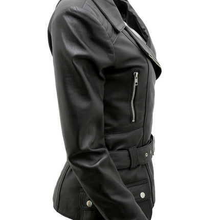 Womens Long Leather Biker Jacket-Quito