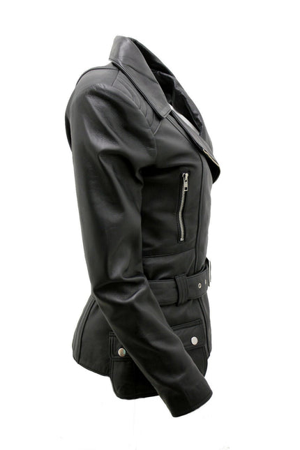Womens Long Leather Biker Jacket-Quito