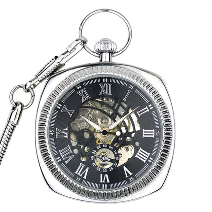 Mechanical Silver Vintage Skeleton Square Open-Face Pocket Watch