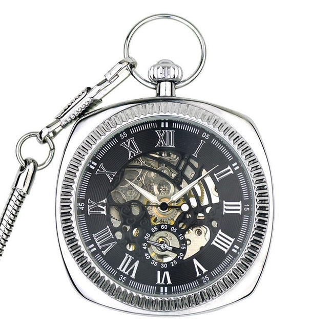 Mechanical Silver Vintage Skeleton Square Open-Face Pocket Watch