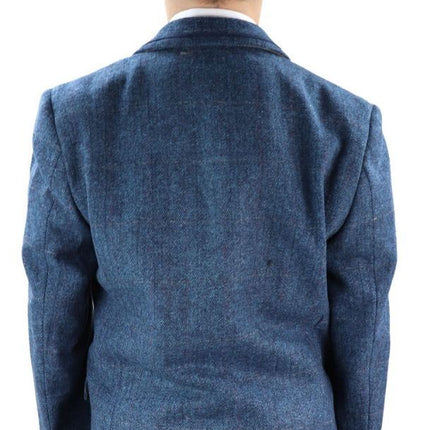 Boys 3 Piece Blue  Herringbone Tweed Check Classic  Suit