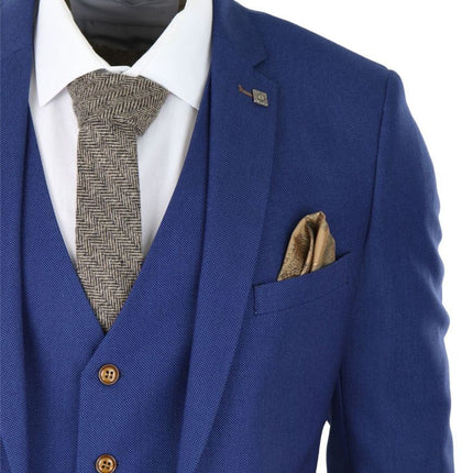 Mens 3 Piece Royal Blue Birdseye Classic Suit