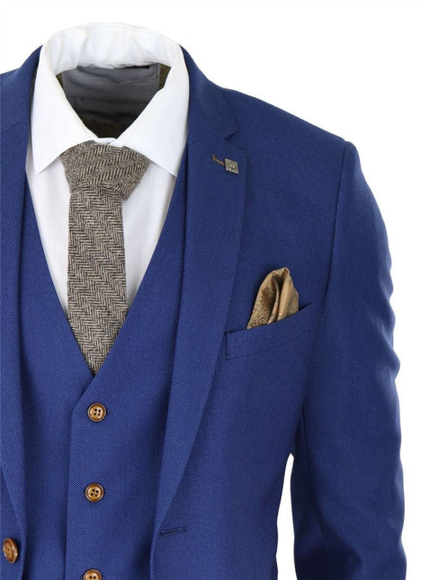 Mens 3 Piece Royal Blue Birdseye Classic Suit