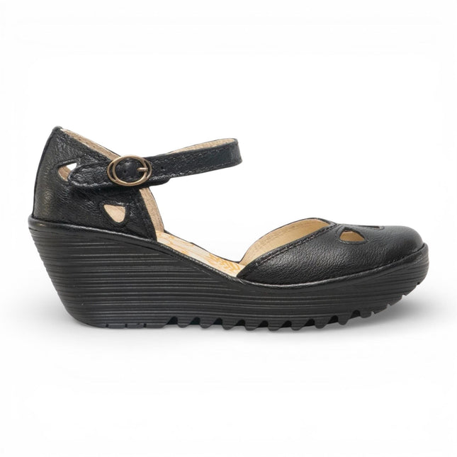 Fly London Women's Yuna Black Leather Wedge Sandals