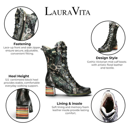 Laura Vita Women's Goth Victorian Floral Black Leather High Lace-Up Boots - Ibcano-15