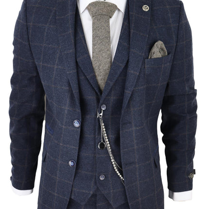 Mens 3 Piece Wool Suit Navy Blue Tweed Check Peaky Blinders 1920 Gatsby Formal