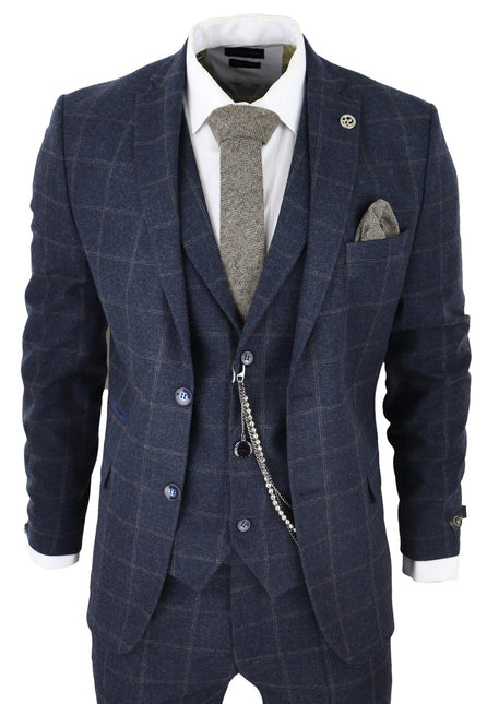 Mens 3 Piece Wool Suit Navy Blue Tweed Check Peaky Blinders 1920 Gatsby Formal
